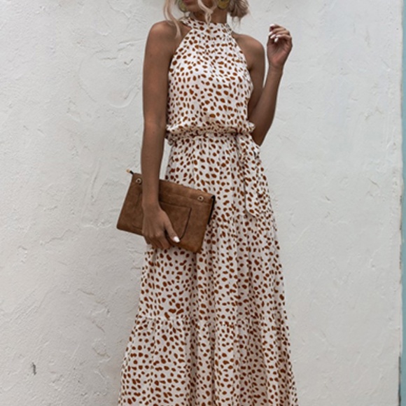Dresses & Skirts - Womens Maxi Dot Skater Halter Dress in cream and brown sz med
